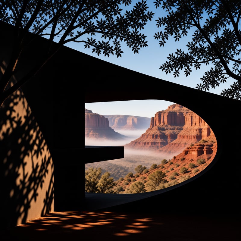 A dark curved structure frames a view of misty red rock cliffs and a sunlit valley floor below.