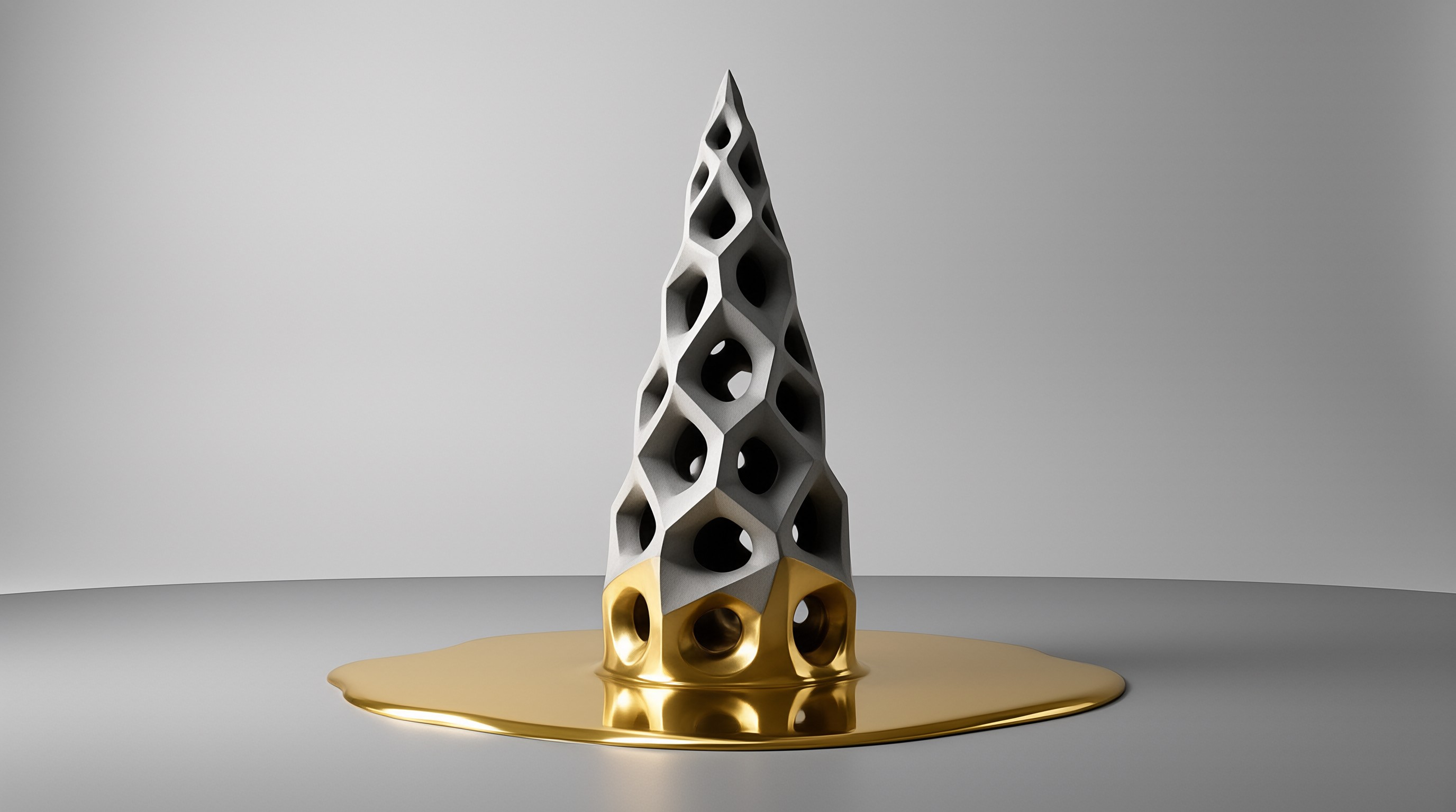 A tall white honeycomb structure emerges from a spread of gold metal on a gray floor.