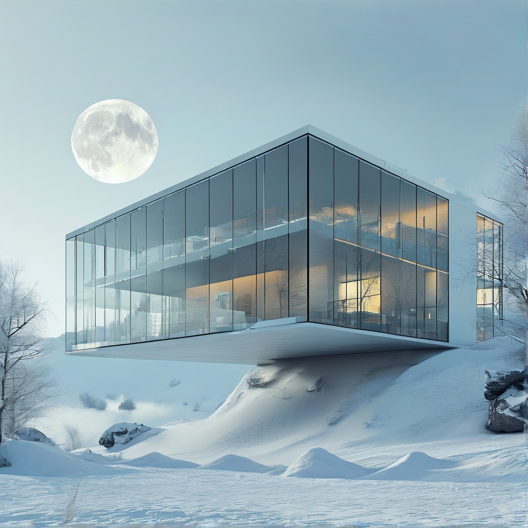 A modern glass building rests on a snow-covered hill beneath a pale blue sky featuring a large bright full moon.