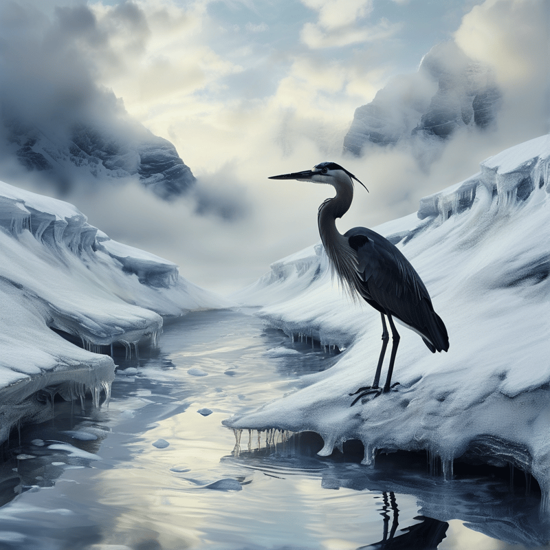 A grey heron stands on a snowy ledge overlooking a calm river winding through misty mountains.