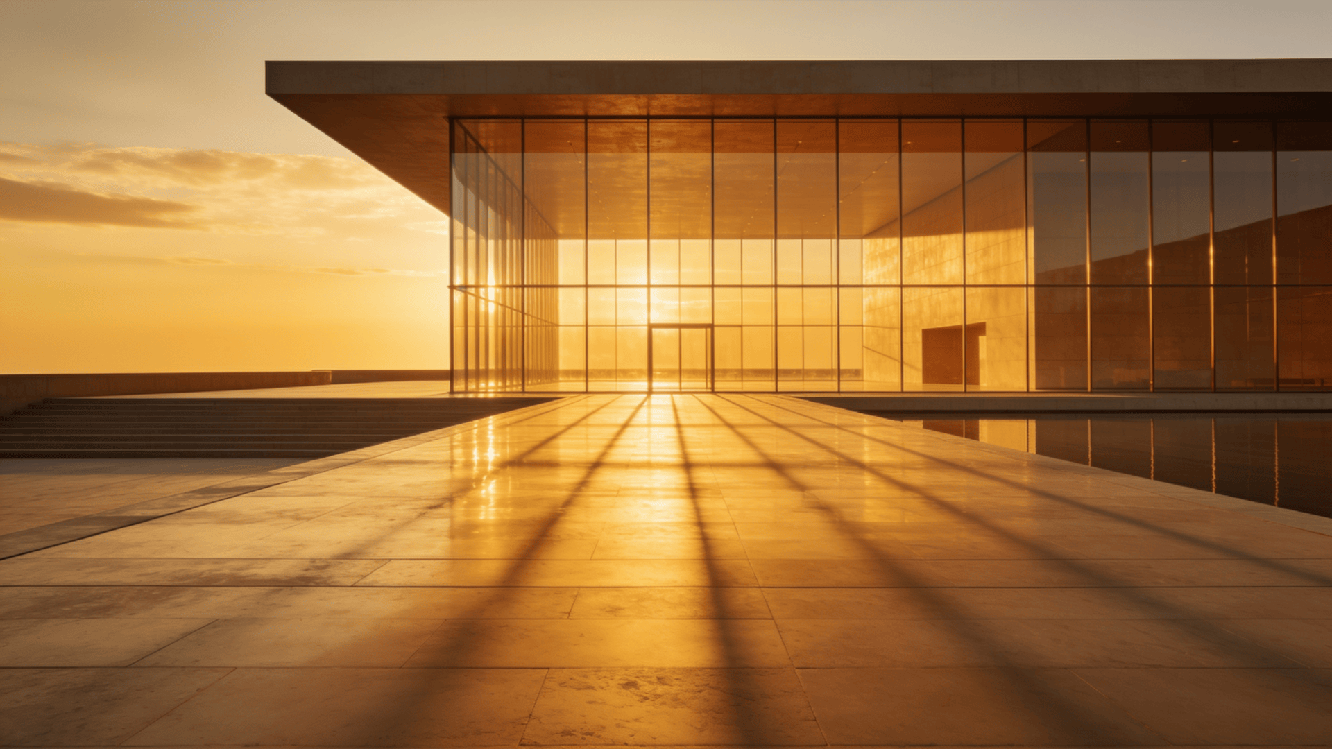 Museum with Glass Curtain Wall — Golden Sunset