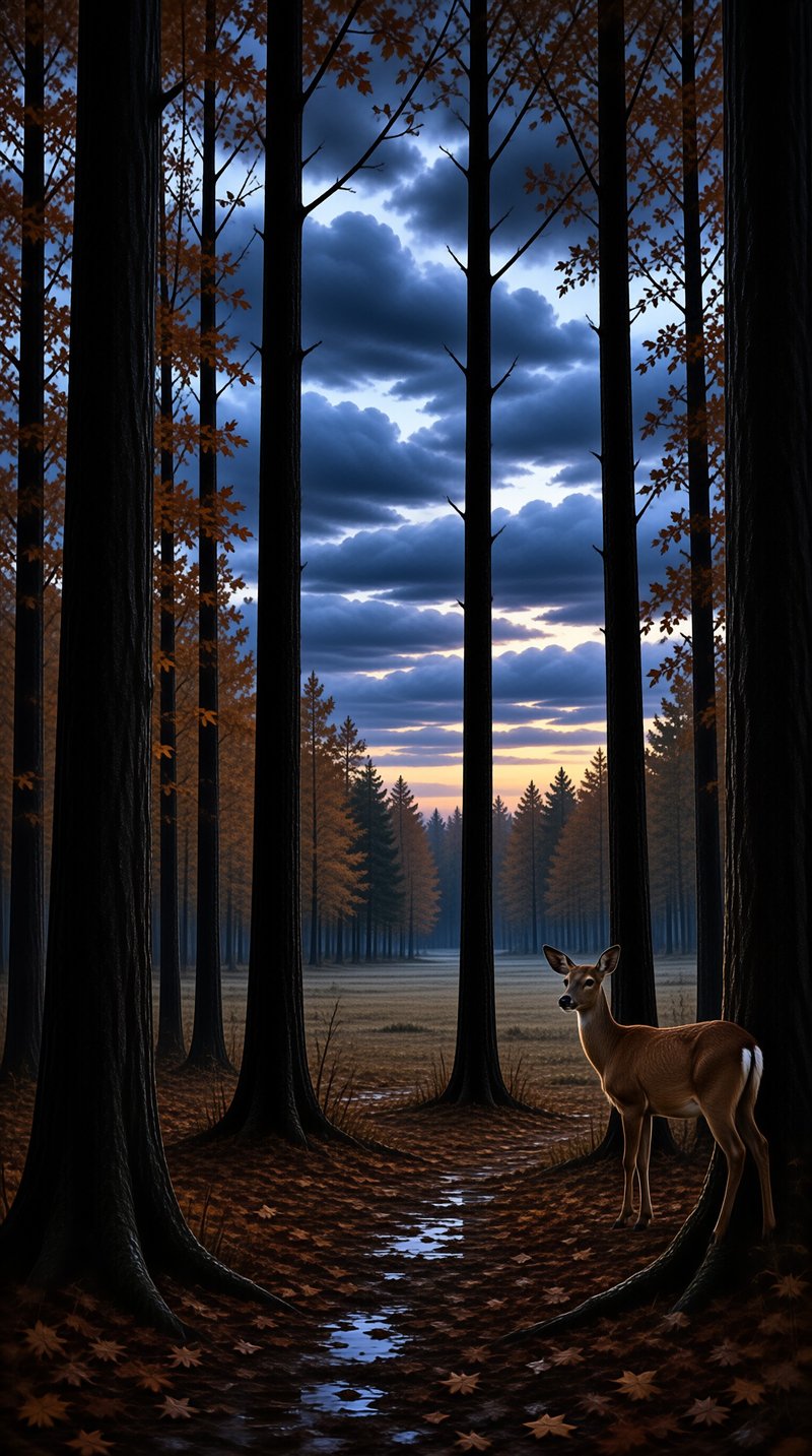 A lone deer stands among tall dark trees with orange leaves under a dramatic cloudy sky.