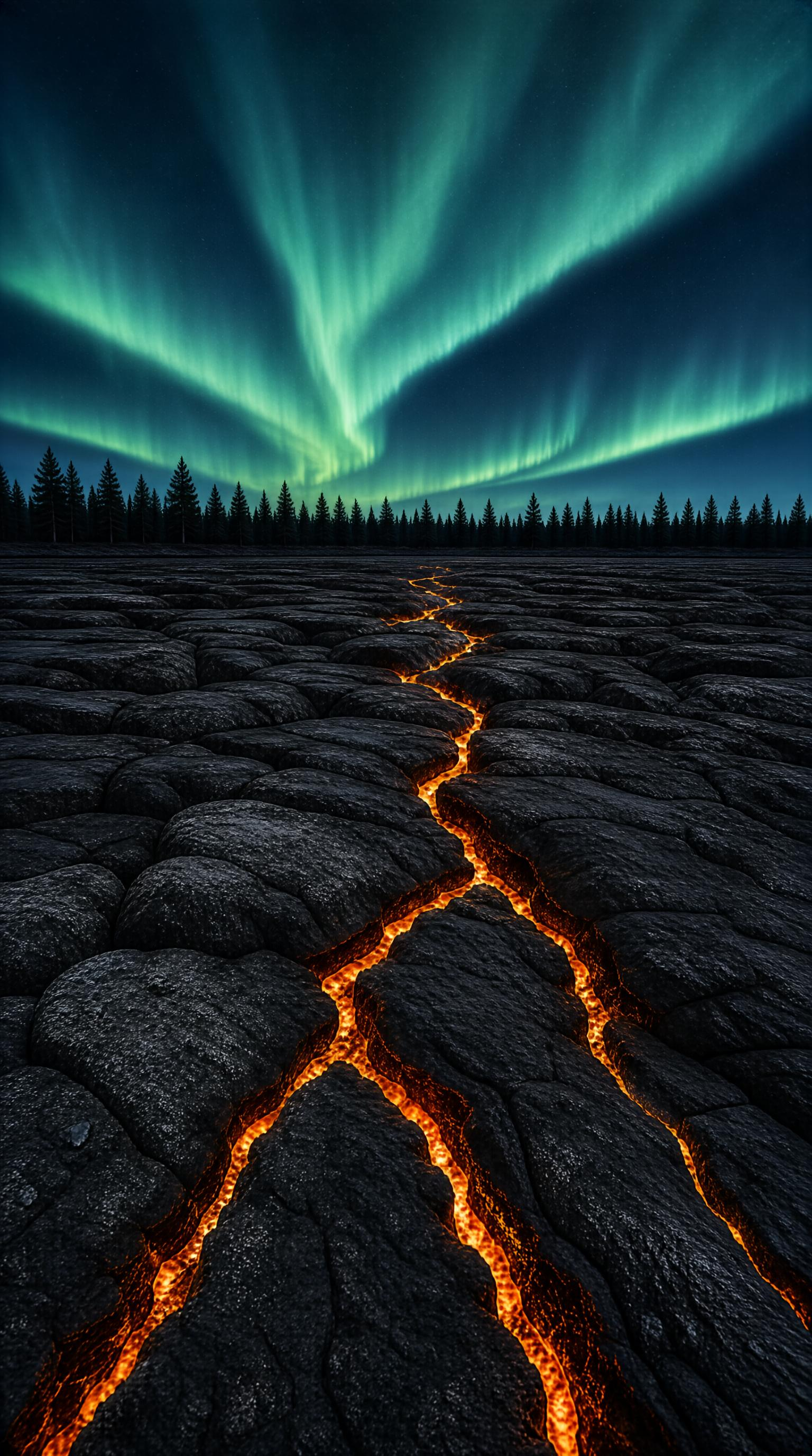 Lava Flow Under Aurora