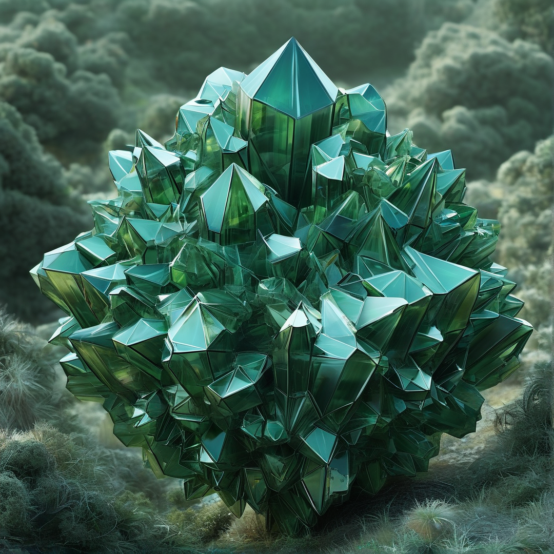 Large spherical cluster of green crystals with sharp points sitting on mossy ground surrounded by blurred forest vegetation in soft diffused light