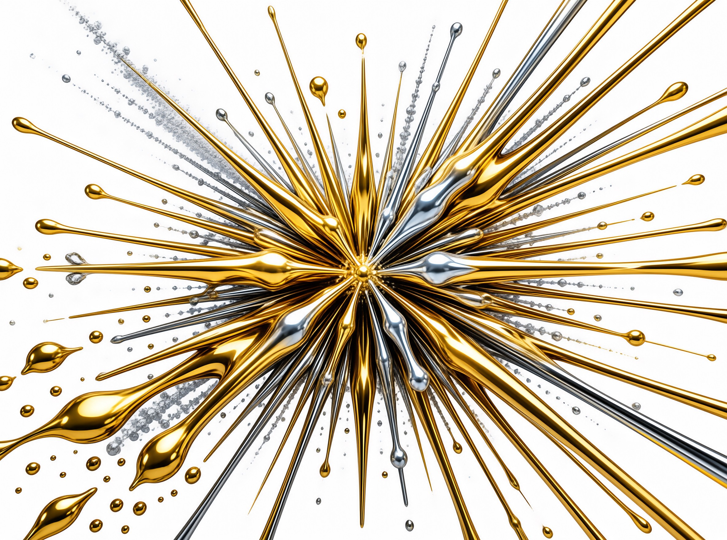 Dynamic gold and silver liquids explode against a white background with sharp reflections and scattered droplets.
