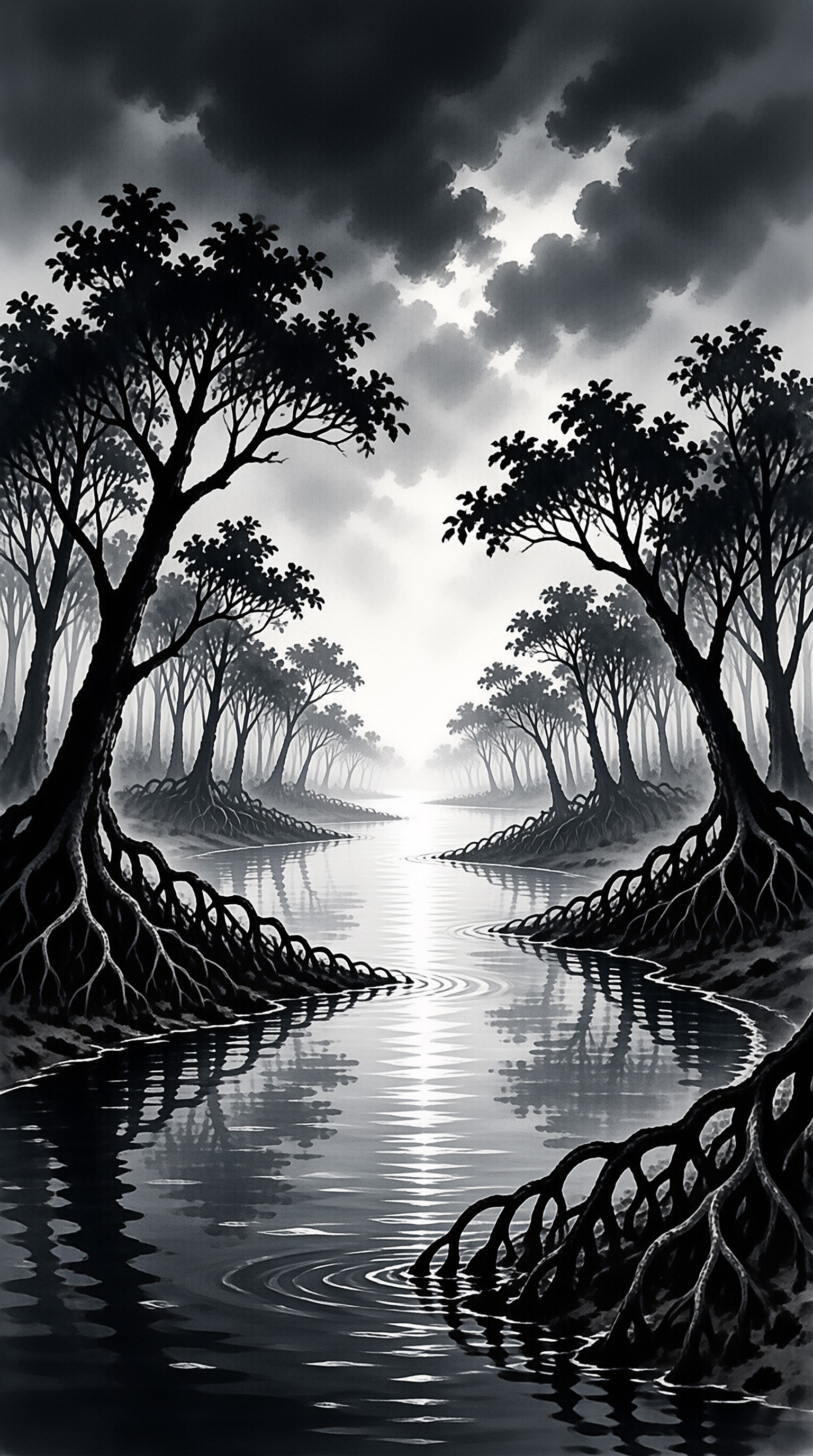 Black and white illustration of trees with exposed roots along a calm river reflecting a cloudy sky.