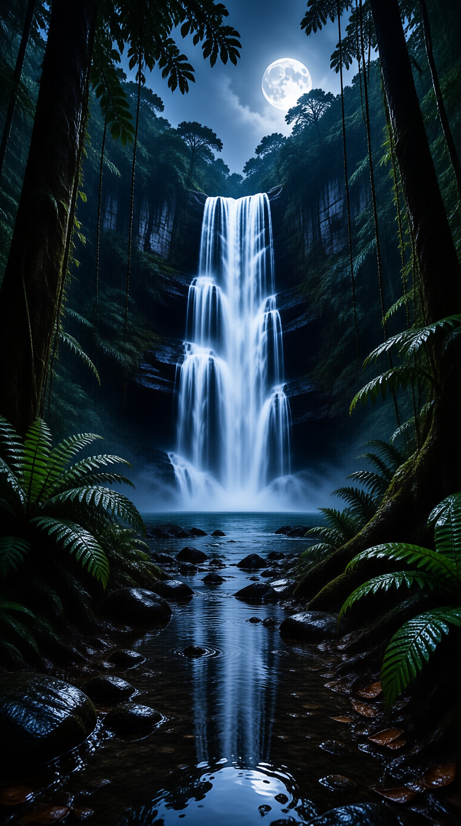 Moonlit Jungle Waterfall