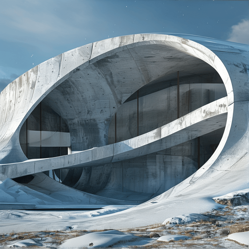 A large white concrete building with a curved arch stands in a snowy field under a blue sky.
