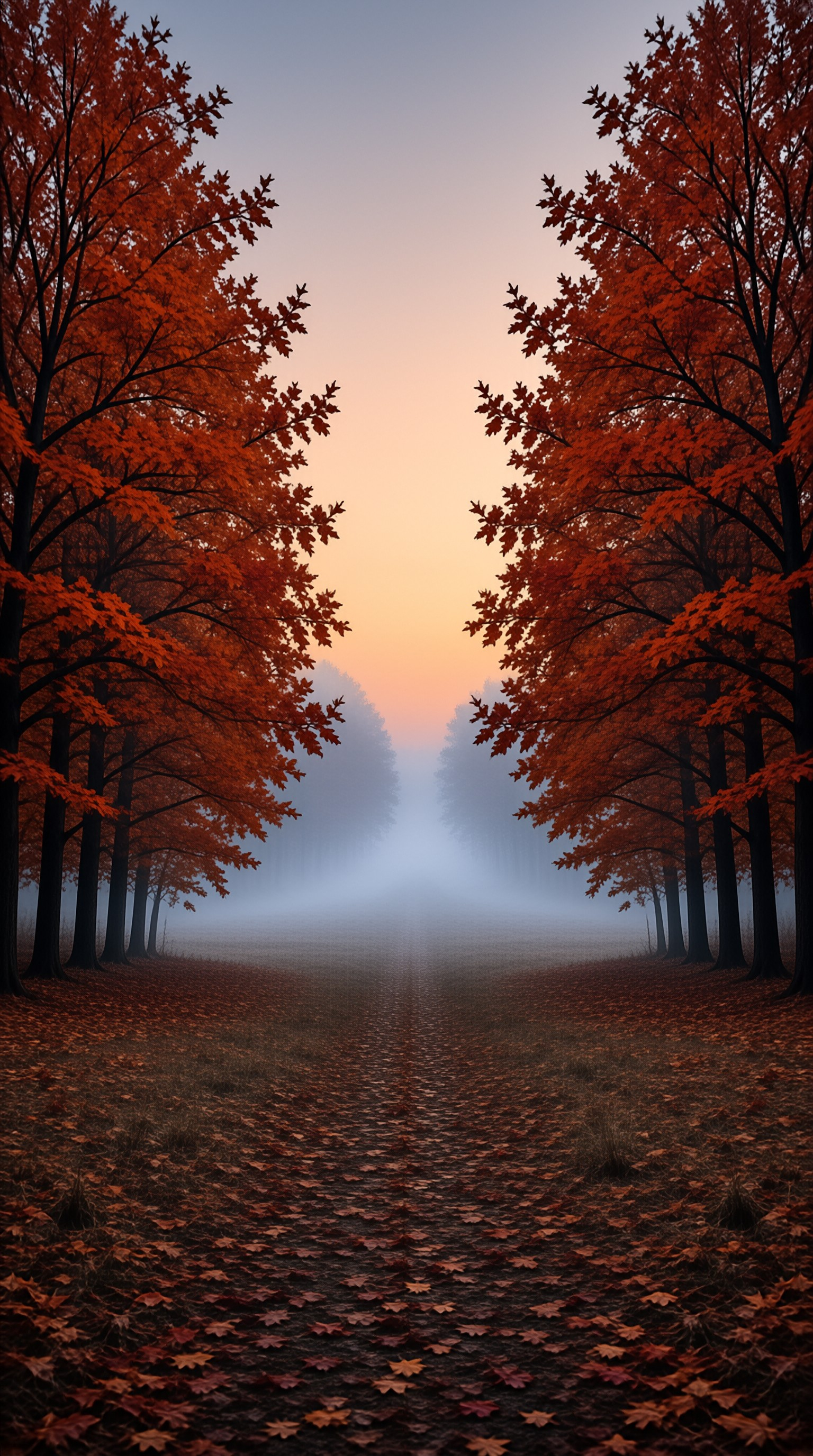 Symmetrical rows of fiery maple trees frame a fog filled lane glowing under a soft peach dusk sky