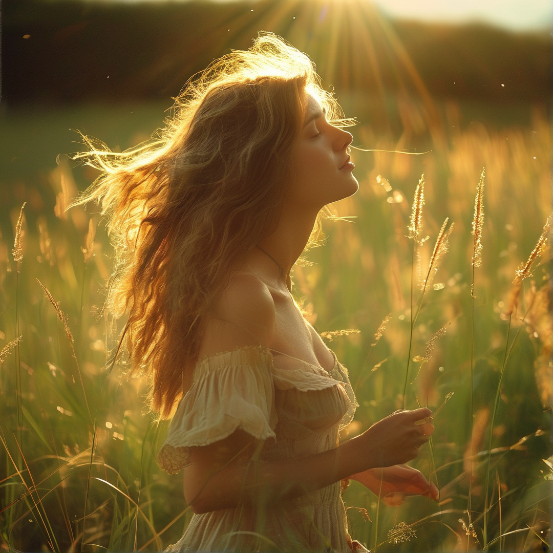 Woman in Golden Sunset Field