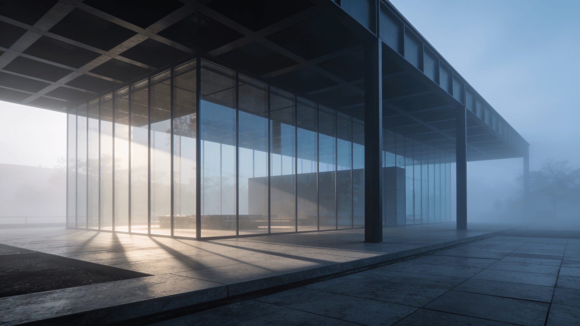 Pavilion with Glass Curtain Wall — Foggy Morning