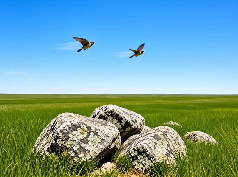 Two small birds fly through a clear blue sky above a vast expanse of green grass and large rocks.