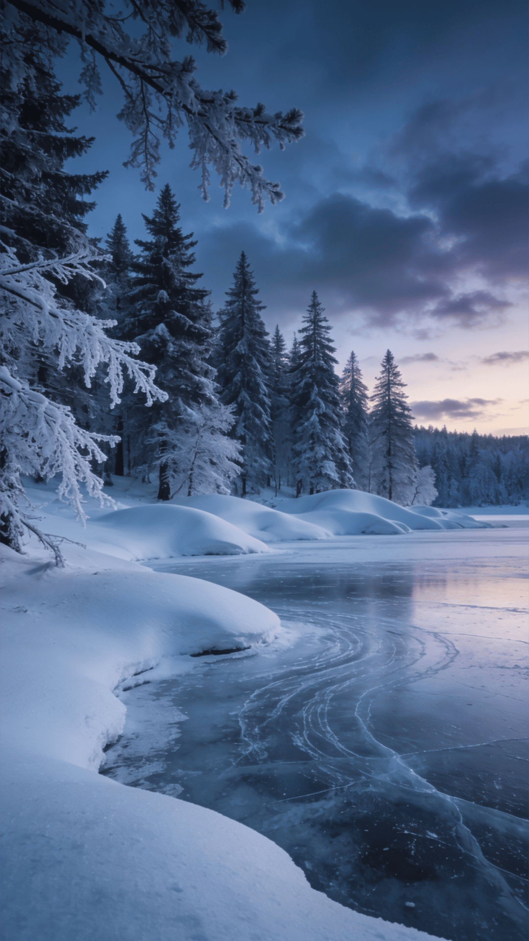 Snow-Covered Pines by a Frozen Lake
