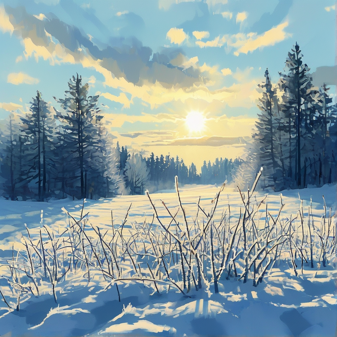 A serene winter scene features tall evergreens and frosty reeds bathed in the warm glow of a setting sun.