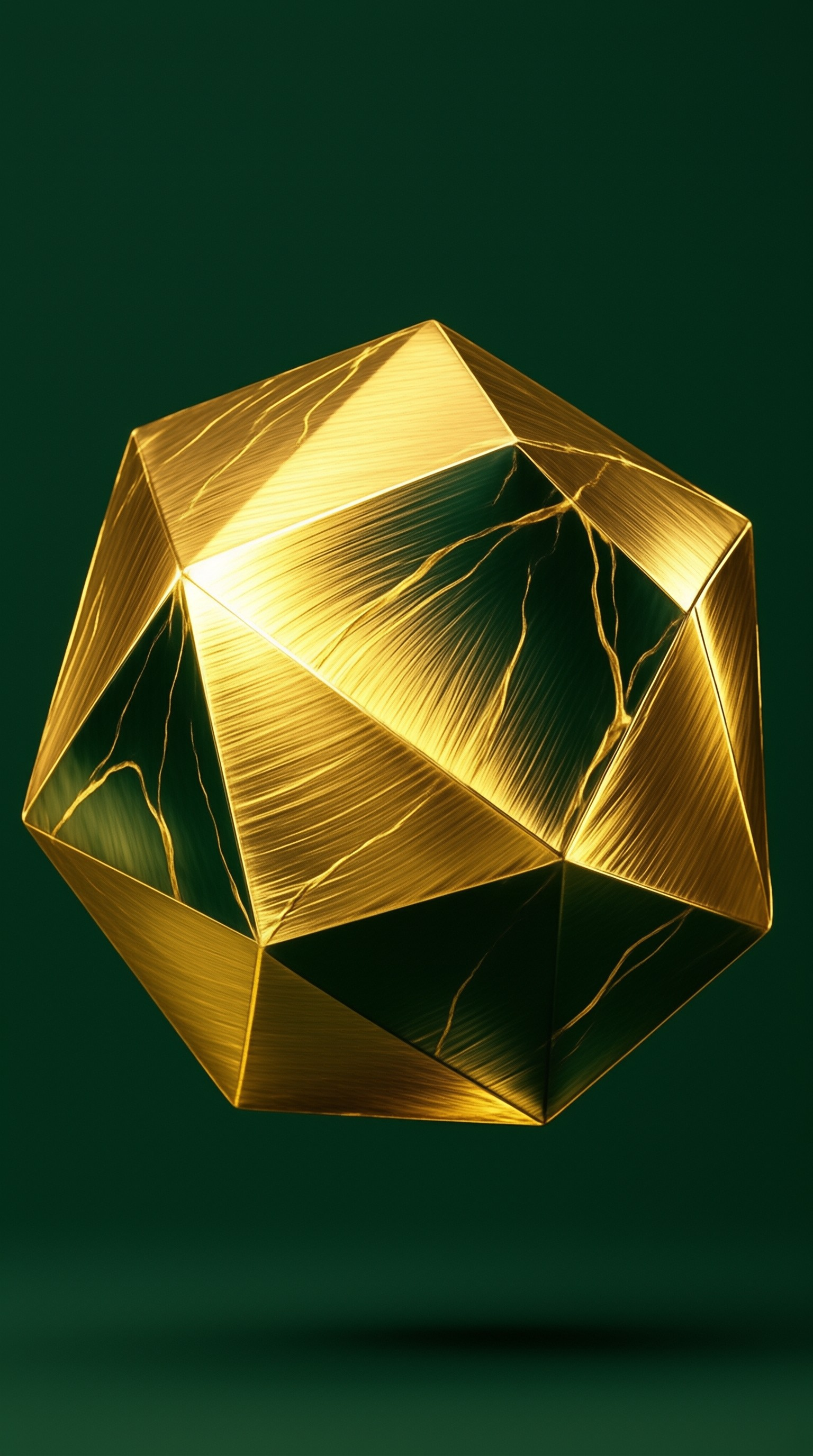 A brushed golden many-sided solid hovers against a dark emerald backdrop with soft shadows