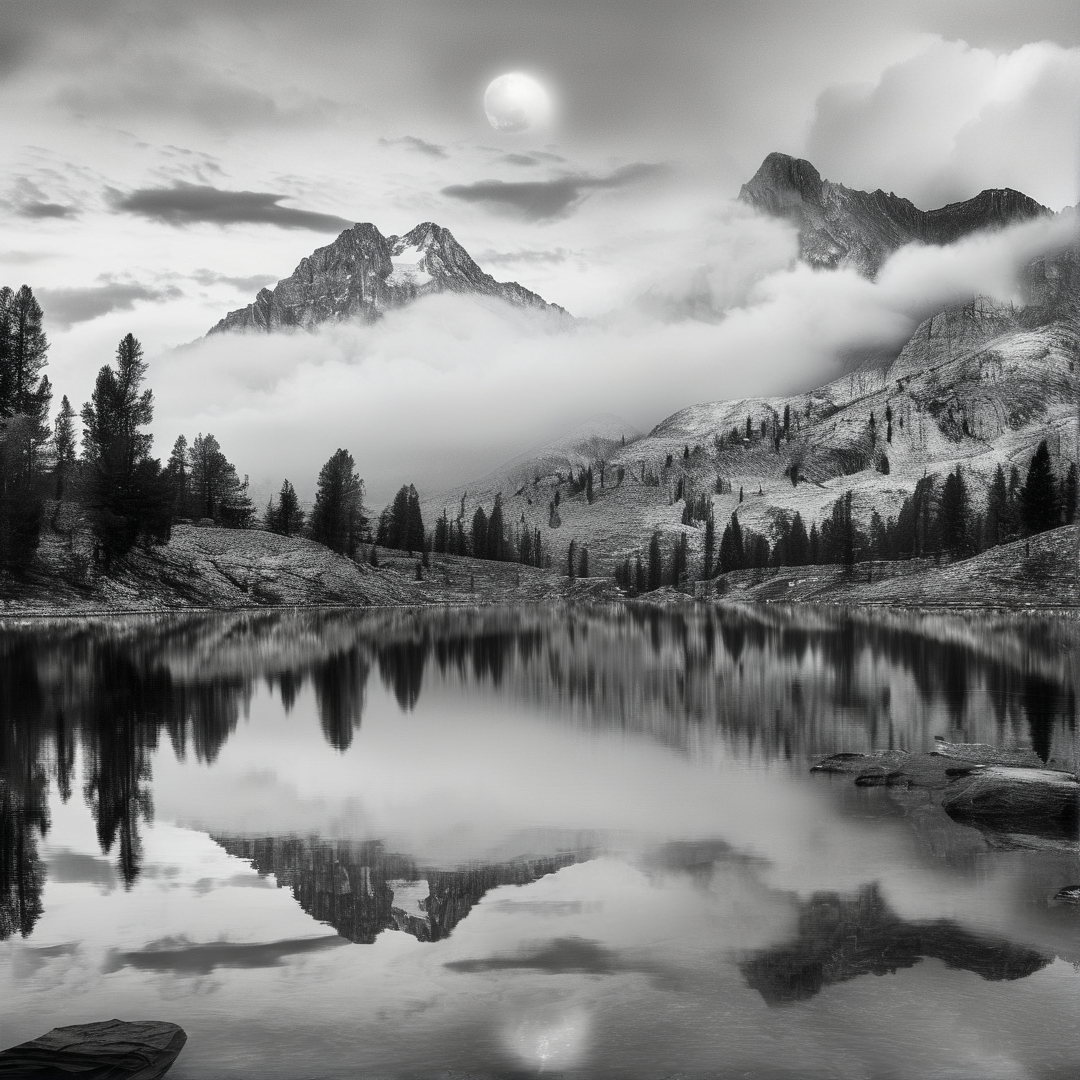 Rugged peaks emerge from low clouds in a monochrome landscape while a still lake mirrors the shoreline trees and sky.
