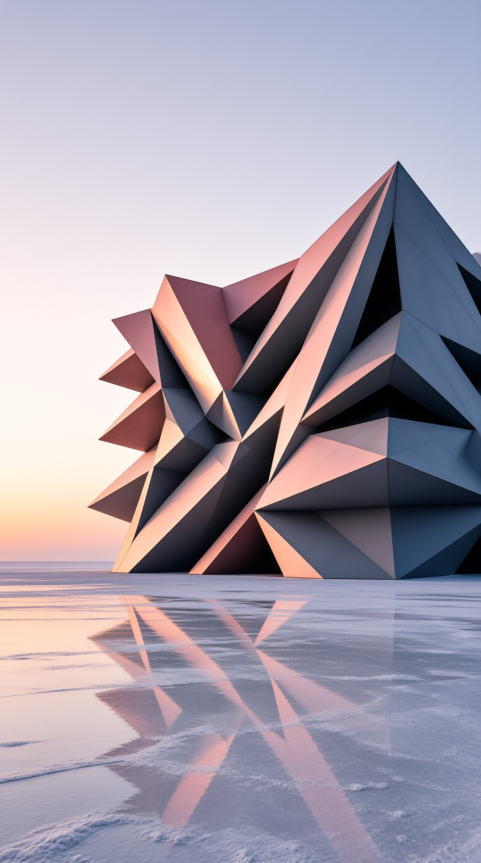 An angular metallic structure rises from a white salt flat reflecting pink sunlight.