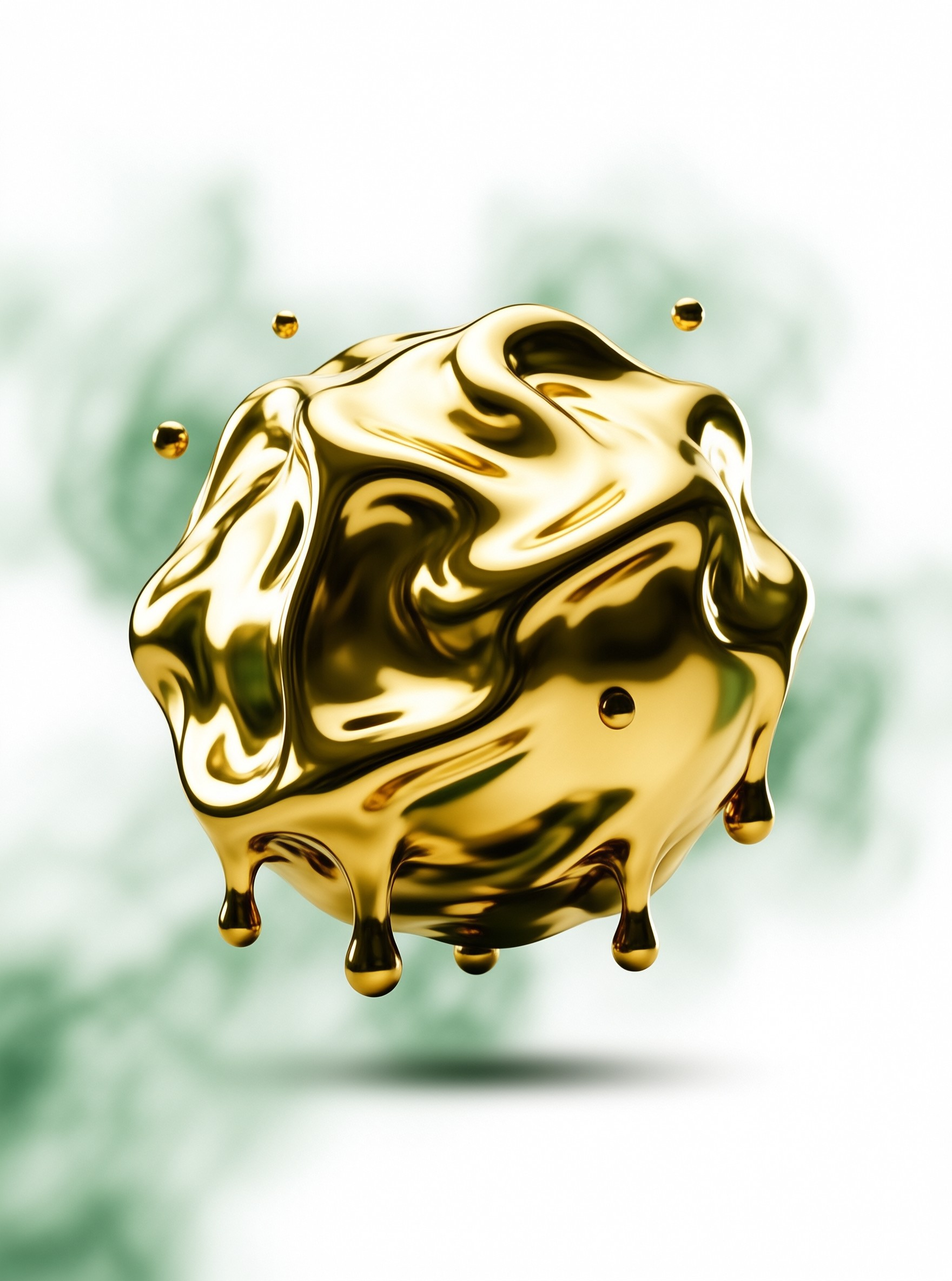 A glossy golden liquid form floats against a blurred background of white and pale green, featuring drips hanging from the bottom and small spherical droplets suspended in the air around the central mass.