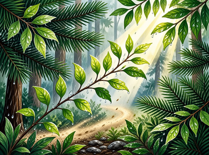 Illustrated evergreen branches dripping with rain frame a winding dirt trail lit by soft shafts of forest sunlight.