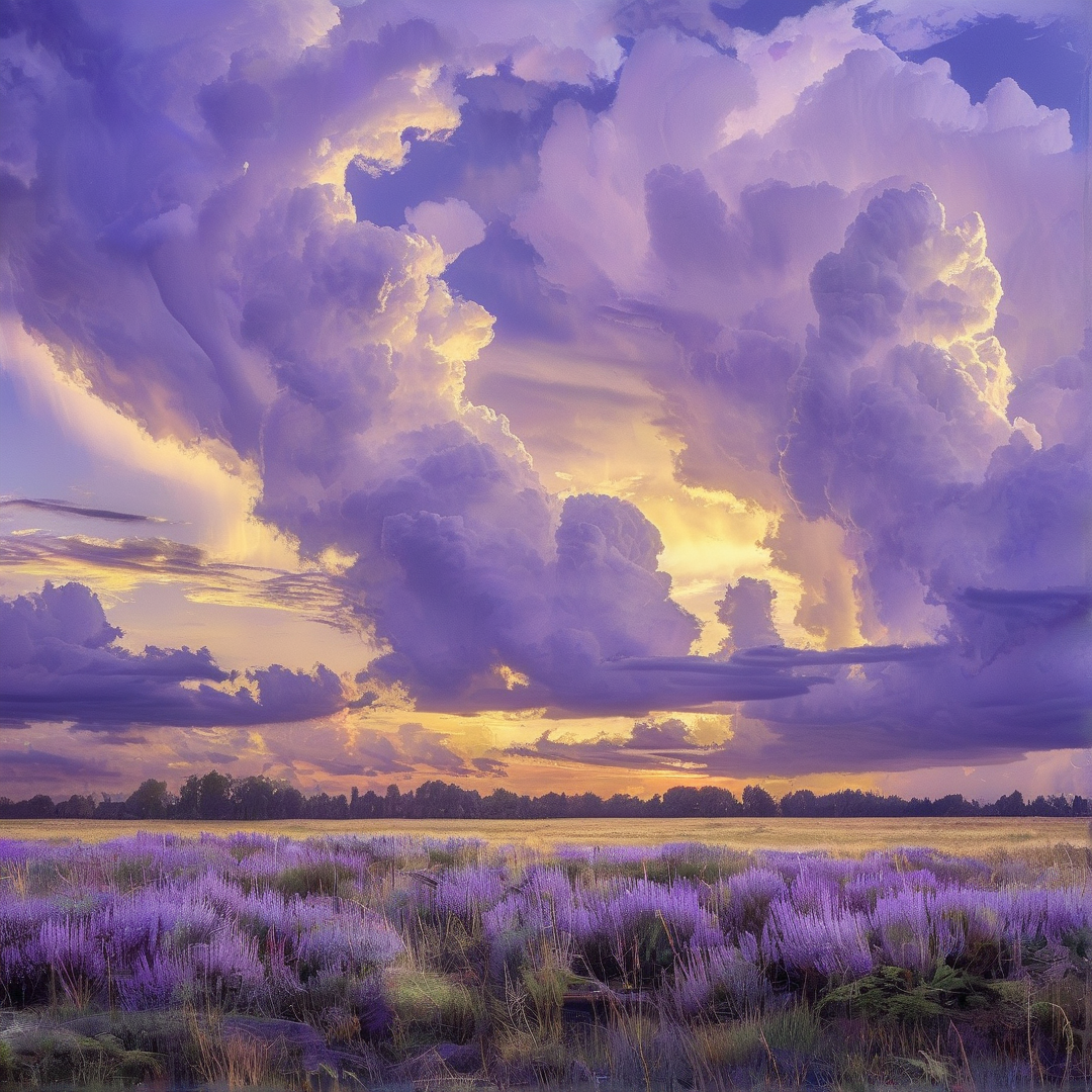 Purple Sky Over Flower Field