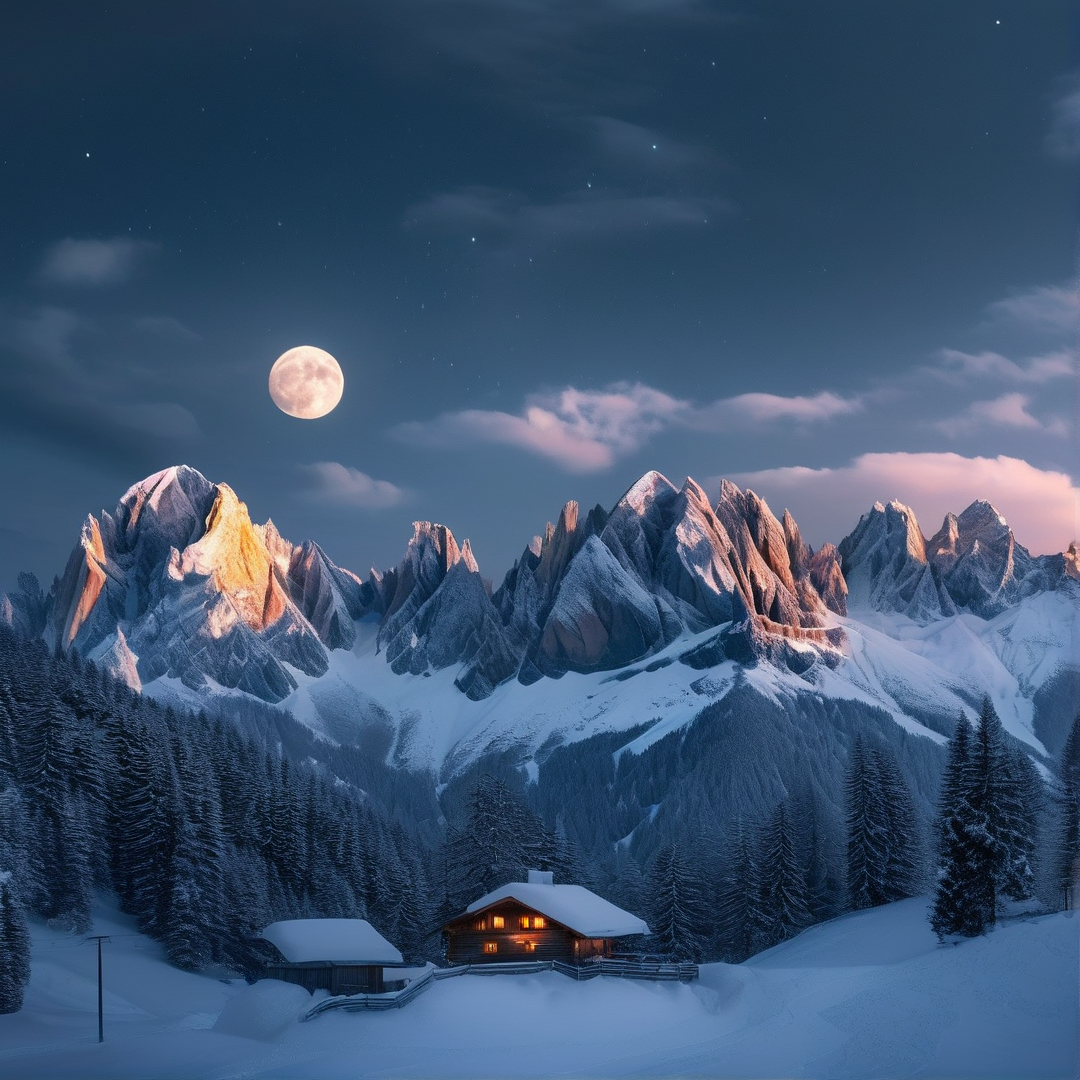 Moonlit Snowy Mountain Cabin