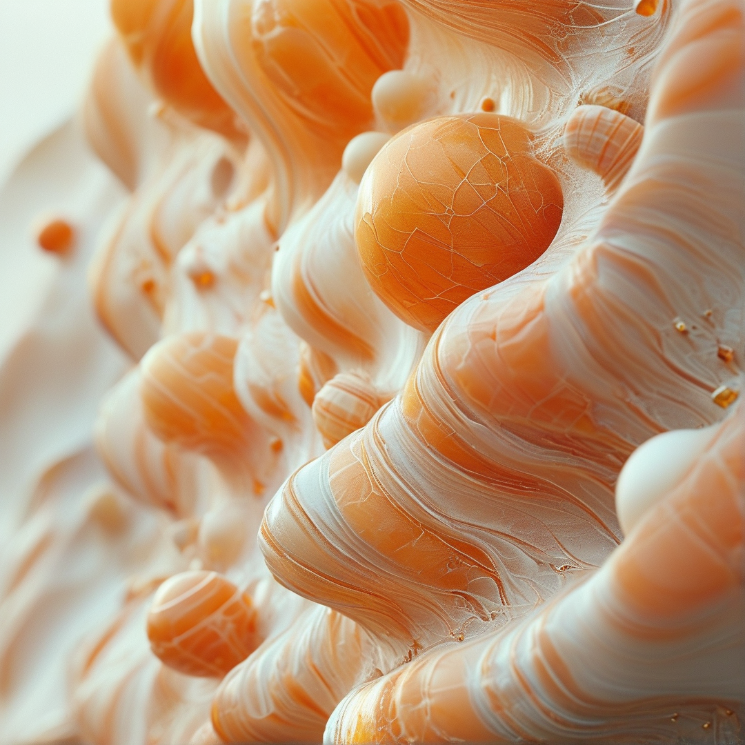 Swirling orange and white wax forms display glossy textures and bubble-like spheres under soft diffused light.