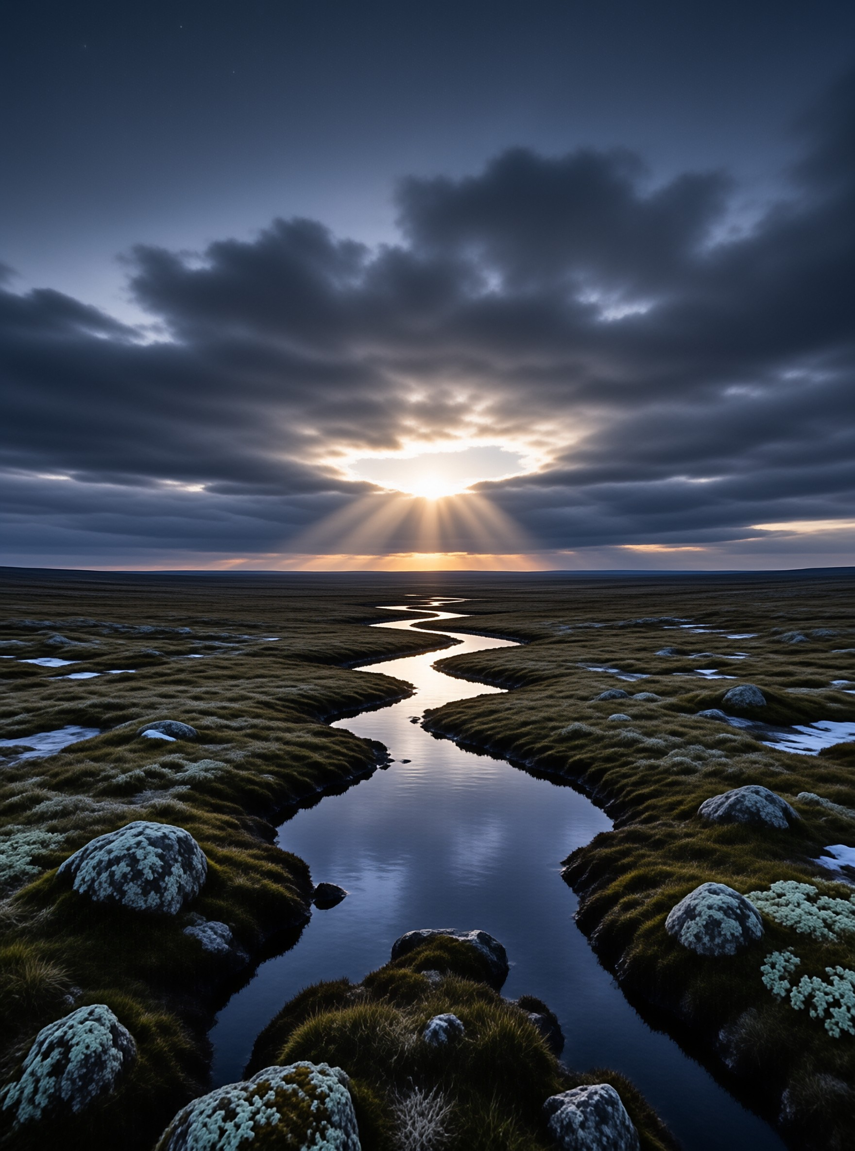 A narrow glacial stream mirrors the sinking sun across mossy tundra dotted with lichen covered boulders.