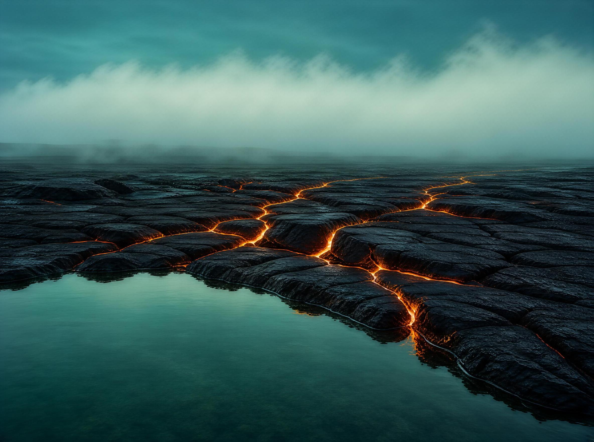 Volcanic Landscape with Lava and Water