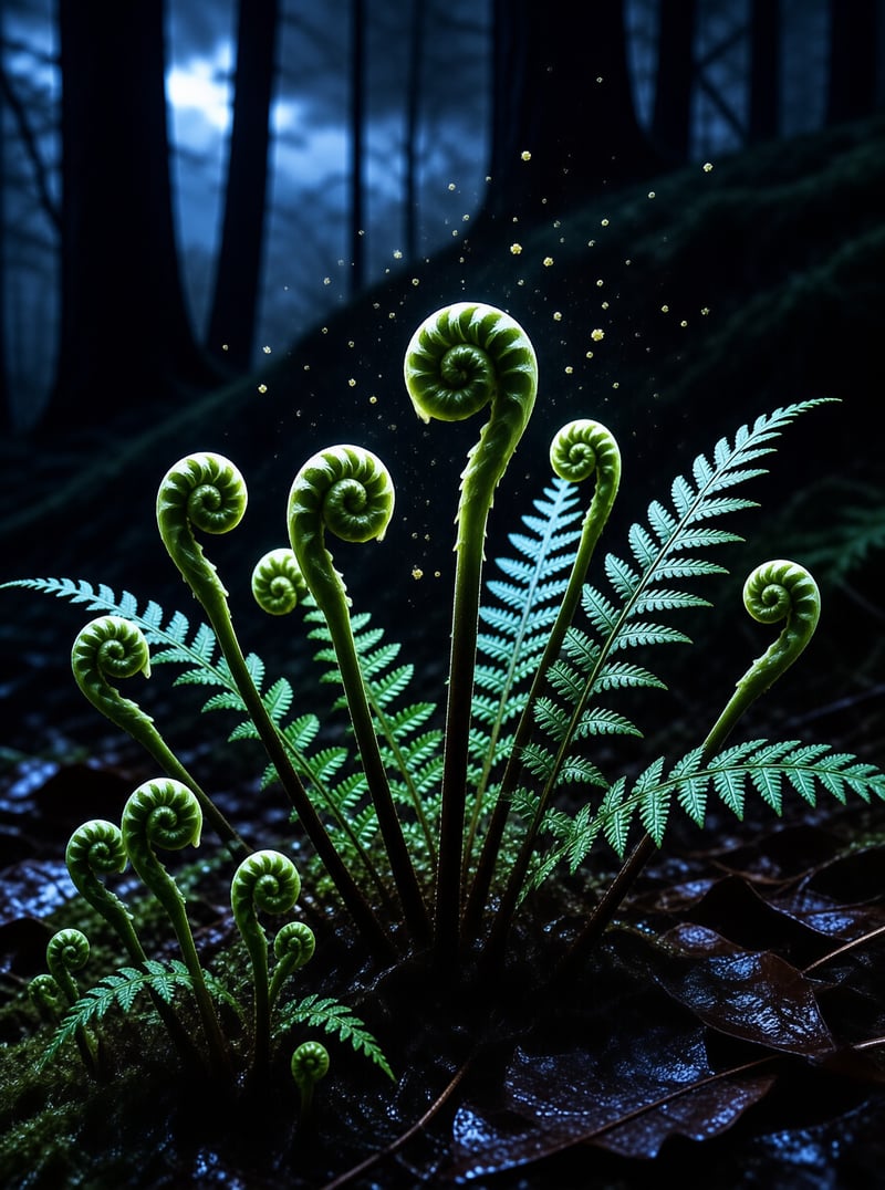 Bright green fern fiddleheads curl upwards amidst dark forest foliage while glowing spores float in the air near a light beam.