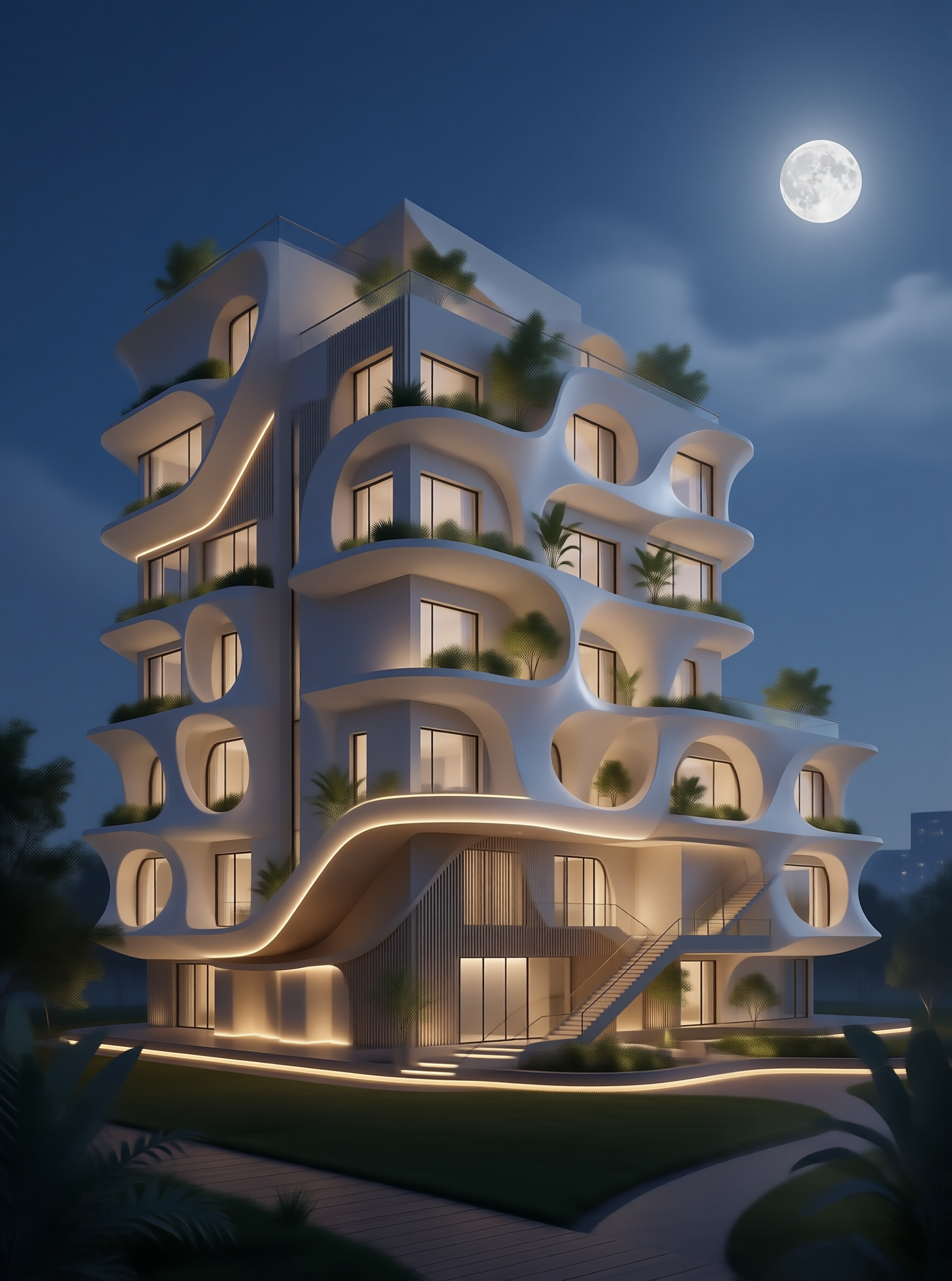 Organic Balcony Tower under Moonlight
