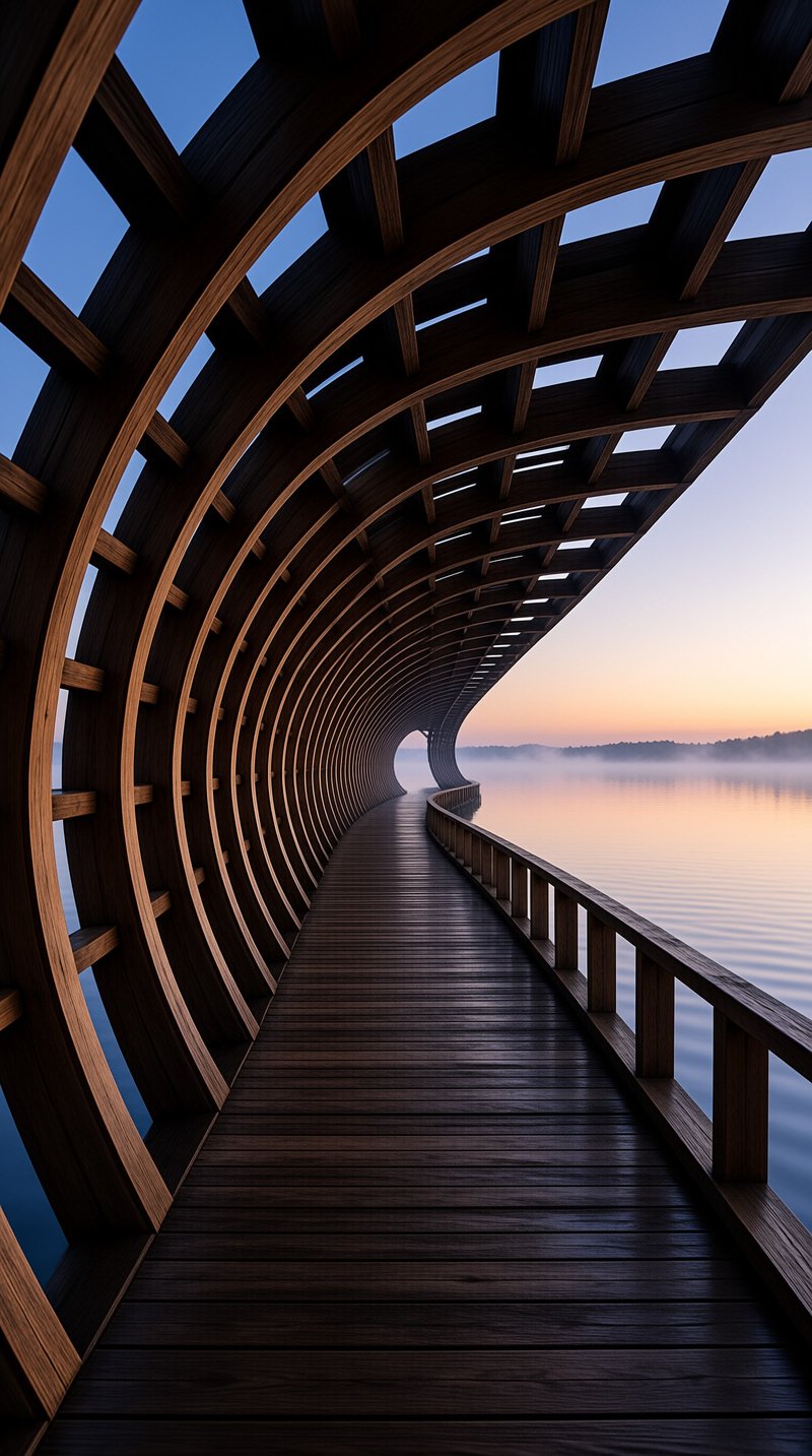 A serpentine walkway of dark wood ribs arcs above a calm lake at dawn with soft pink light on the horizon.