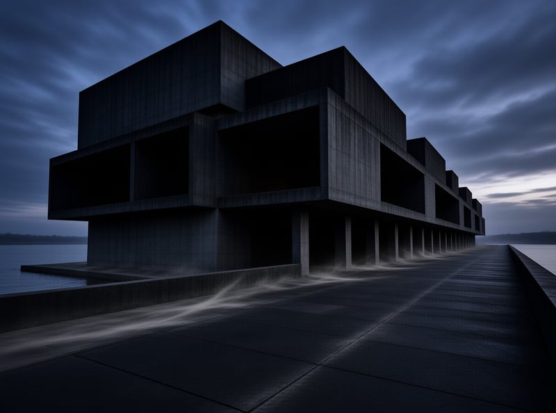 A massive dark concrete building stands on a long pier extending into calm water under a cloudy twilight sky with mist.