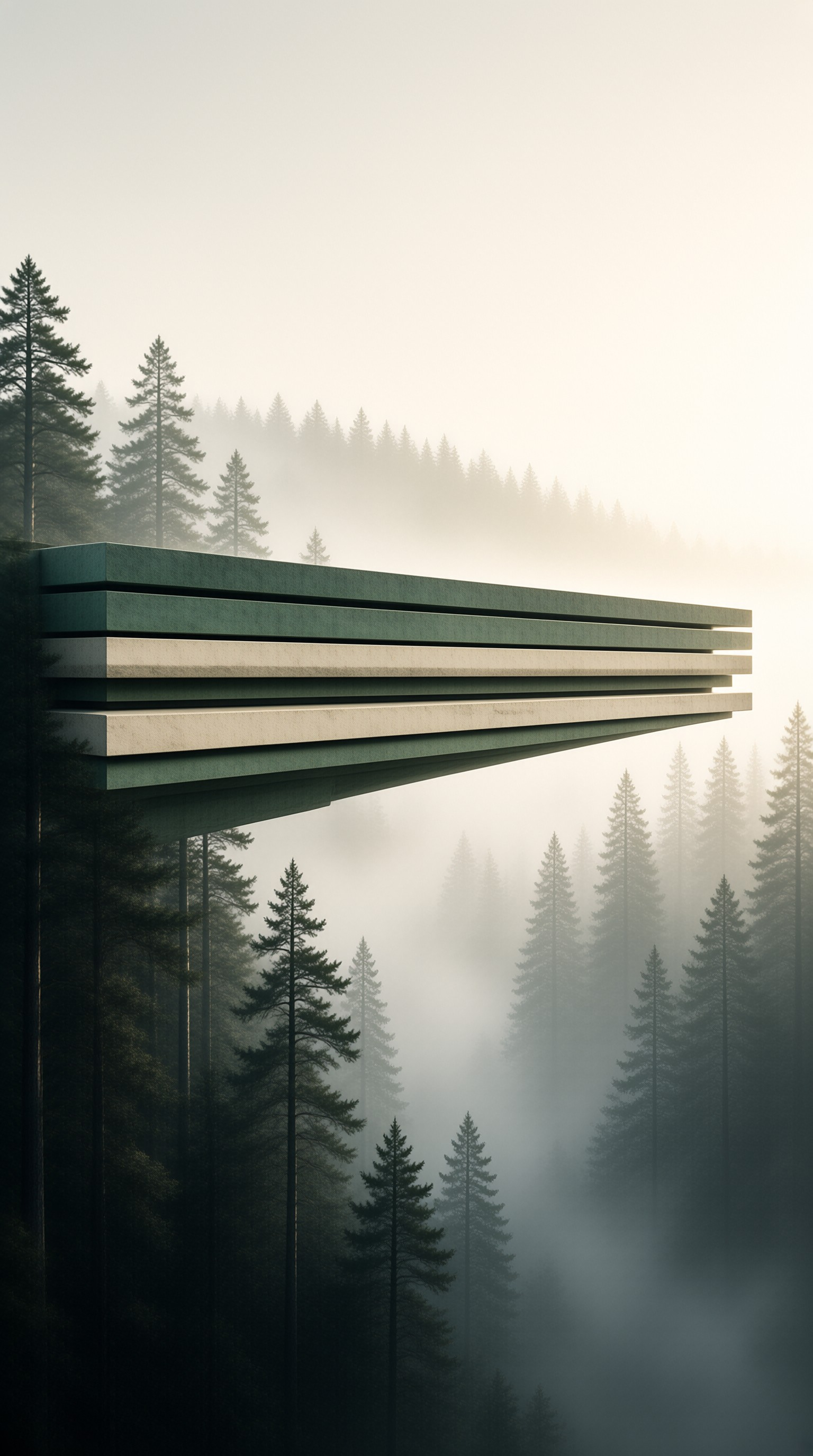 Concrete Viewing Platform in Misty Pine Forest