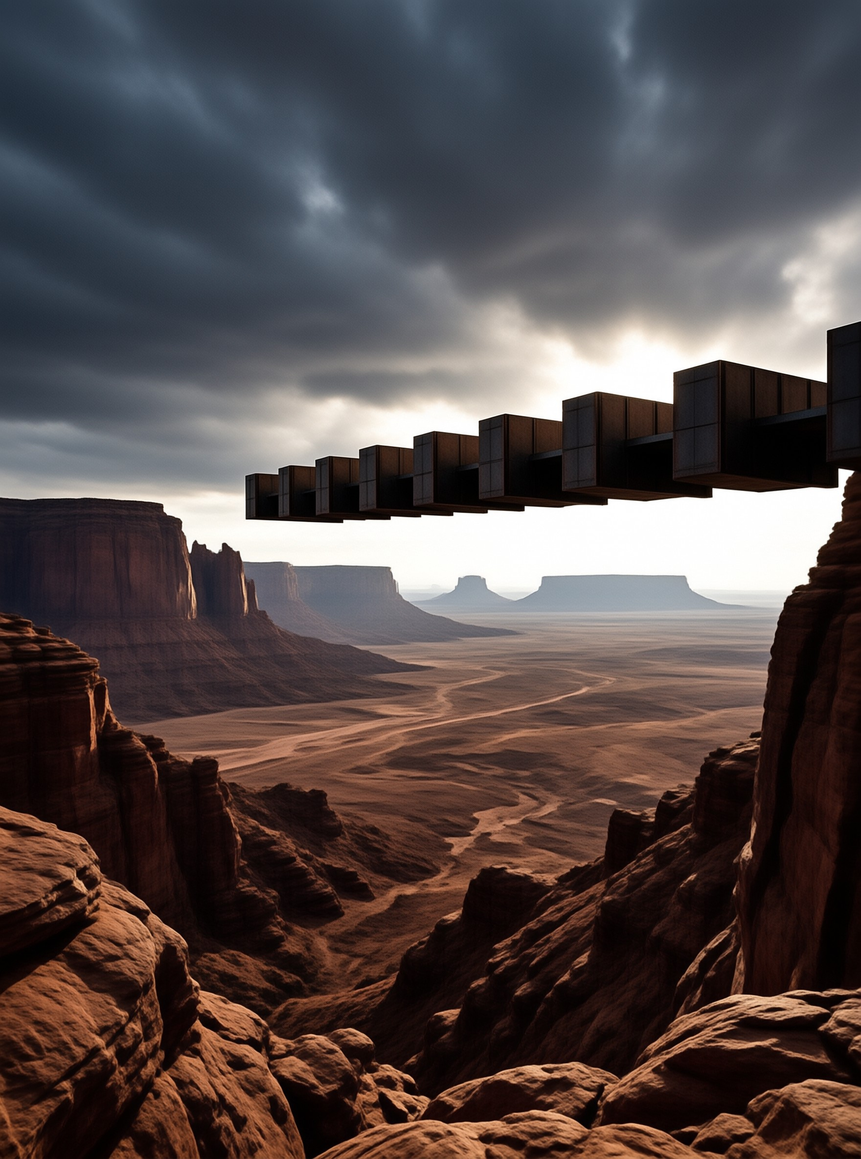 Dark geometric blocks form a hovering staircase above a vast red canyon landscape under dramatic storm clouds.