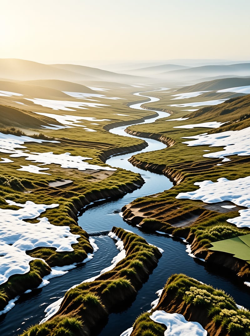 A curving river winds through a grassy valley speckled with snow patches illuminated by soft warm dawn light.