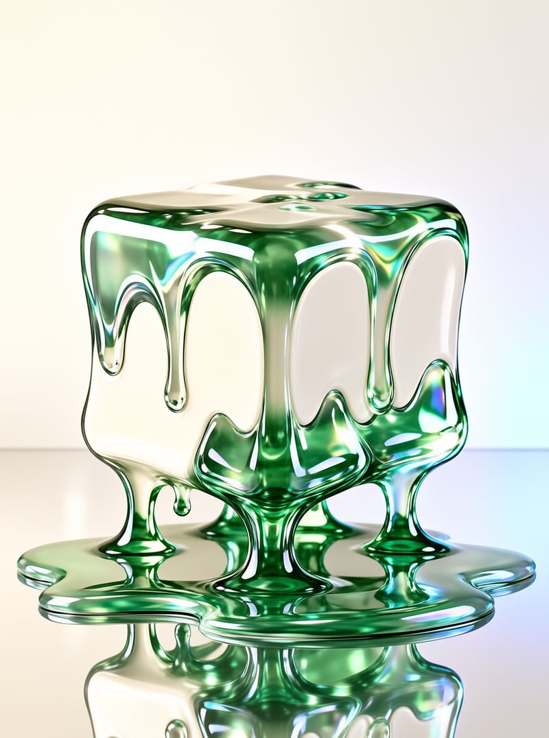 A shiny green cube liquefies and drips onto a smooth white floor creating a clear reflection beneath it.