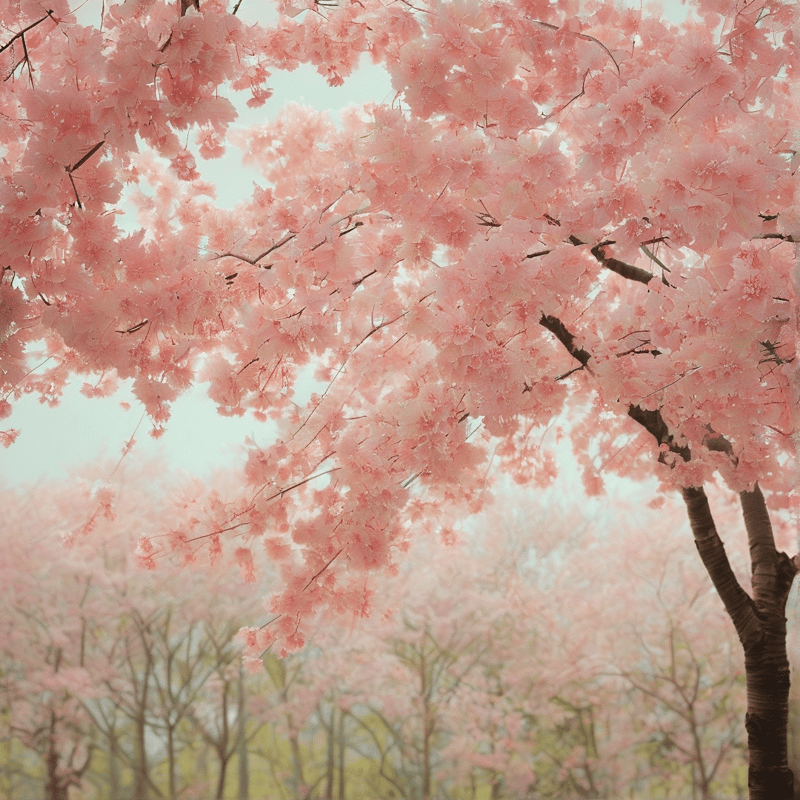 A dense canopy of pink cherry blossoms hangs against a bright hazy sky with blurred trees in the background.