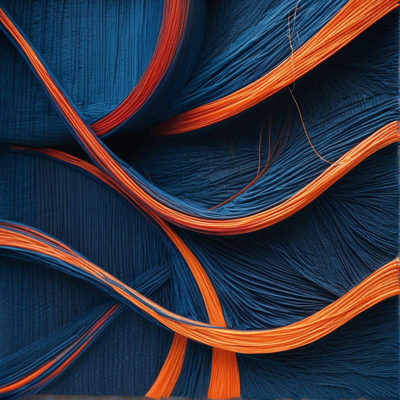 A close-up view shows deep blue pleated material curving diagonally alongside bright orange ribbed strips that create a dynamic contrast in texture and color.