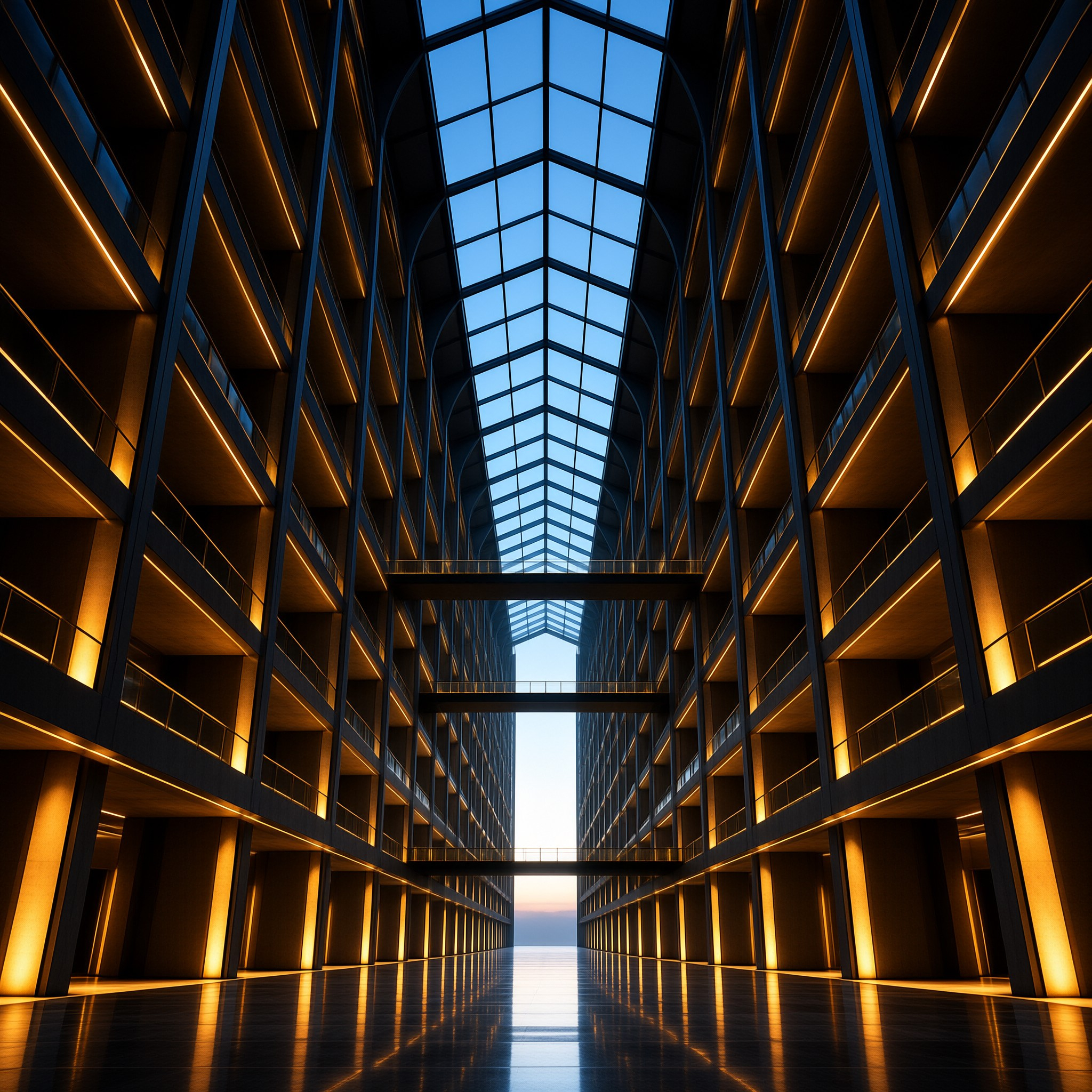 Symmetrical high rise interior with a long glass skylight above a corridor lined with warm orange lighting on balconies.