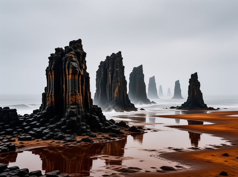 Towering dark basalt sea stacks rise from a sandy shore where shallow tidal pools reflect their rugged forms against a backdrop of soft grey ocean fog.