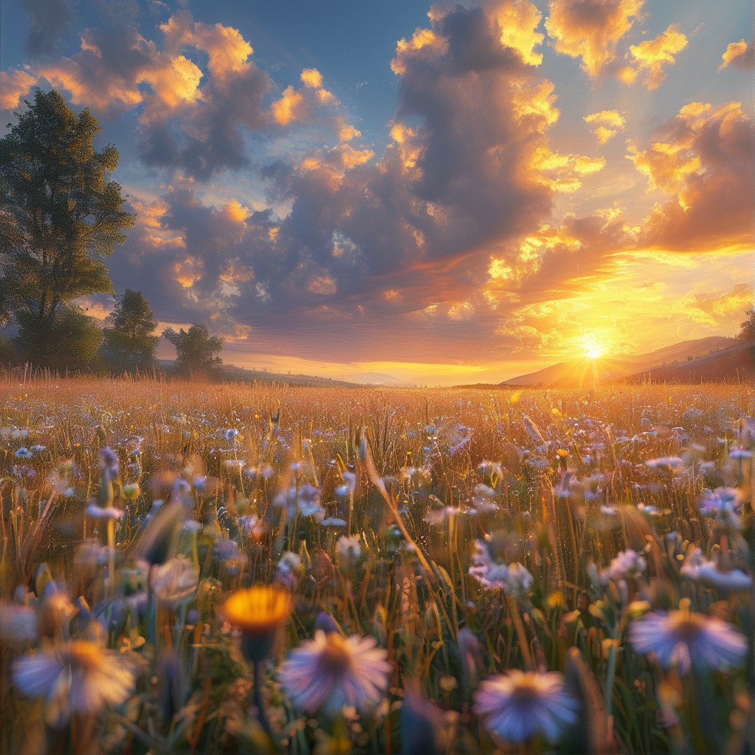 Sunset Over Flower Field