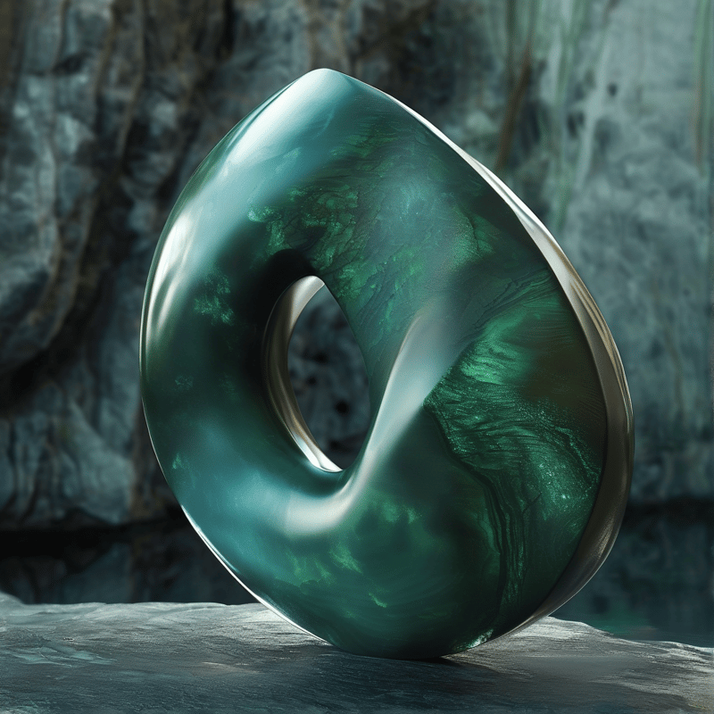 A glossy green ring rests on a rough surface against a blurred background of dark rocky textures lit by soft light.