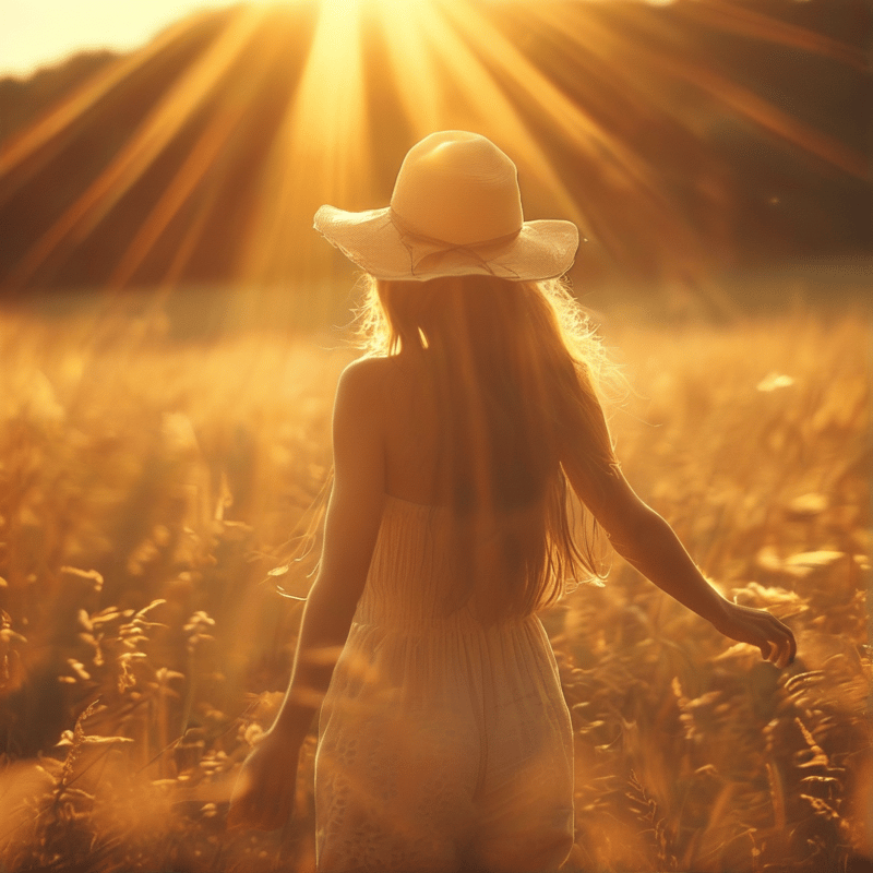 Sunlit woman in wheat field