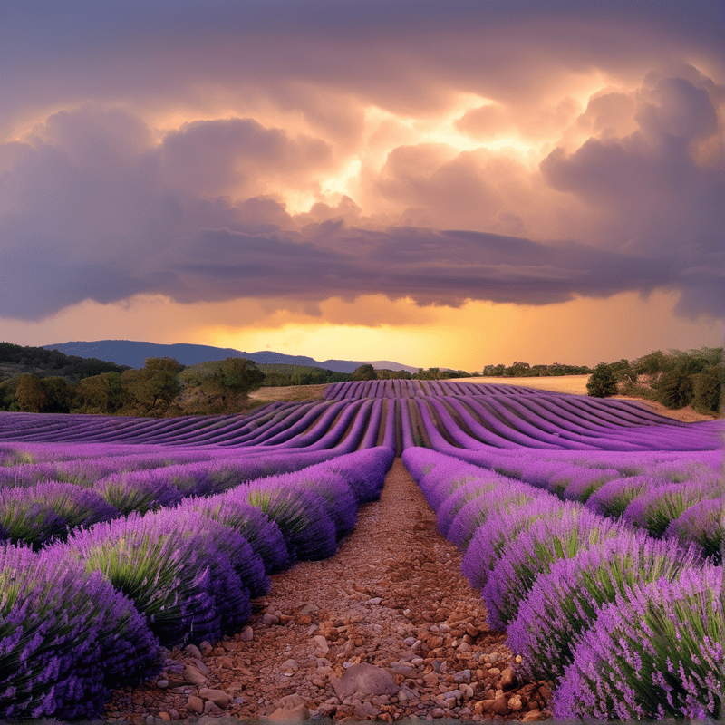 Blooming lavender rows stretch across a landscape beneath a dramatic sky with warm orange sunlight and heavy clouds.