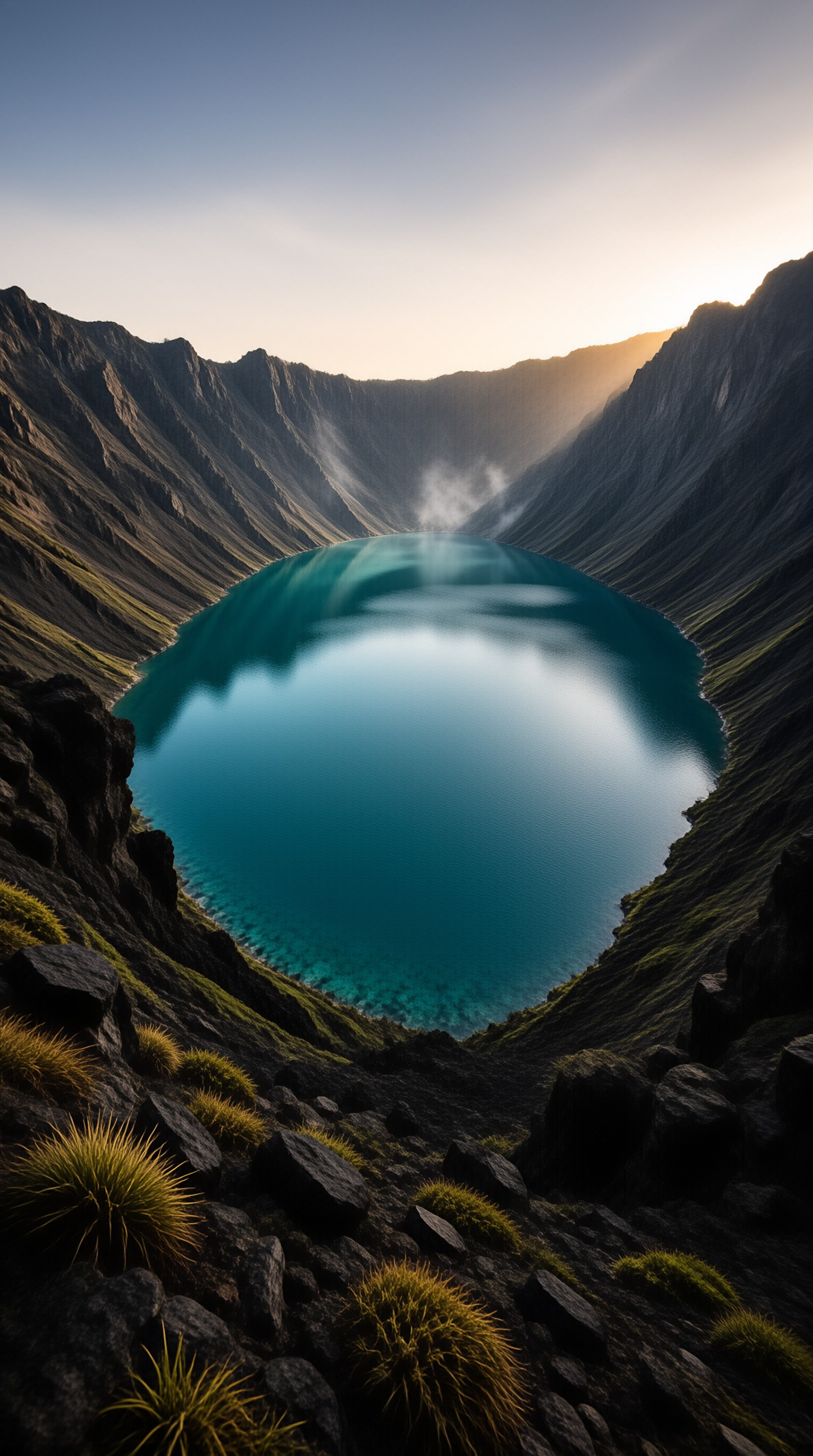 Misty Volcanic Crater Lake