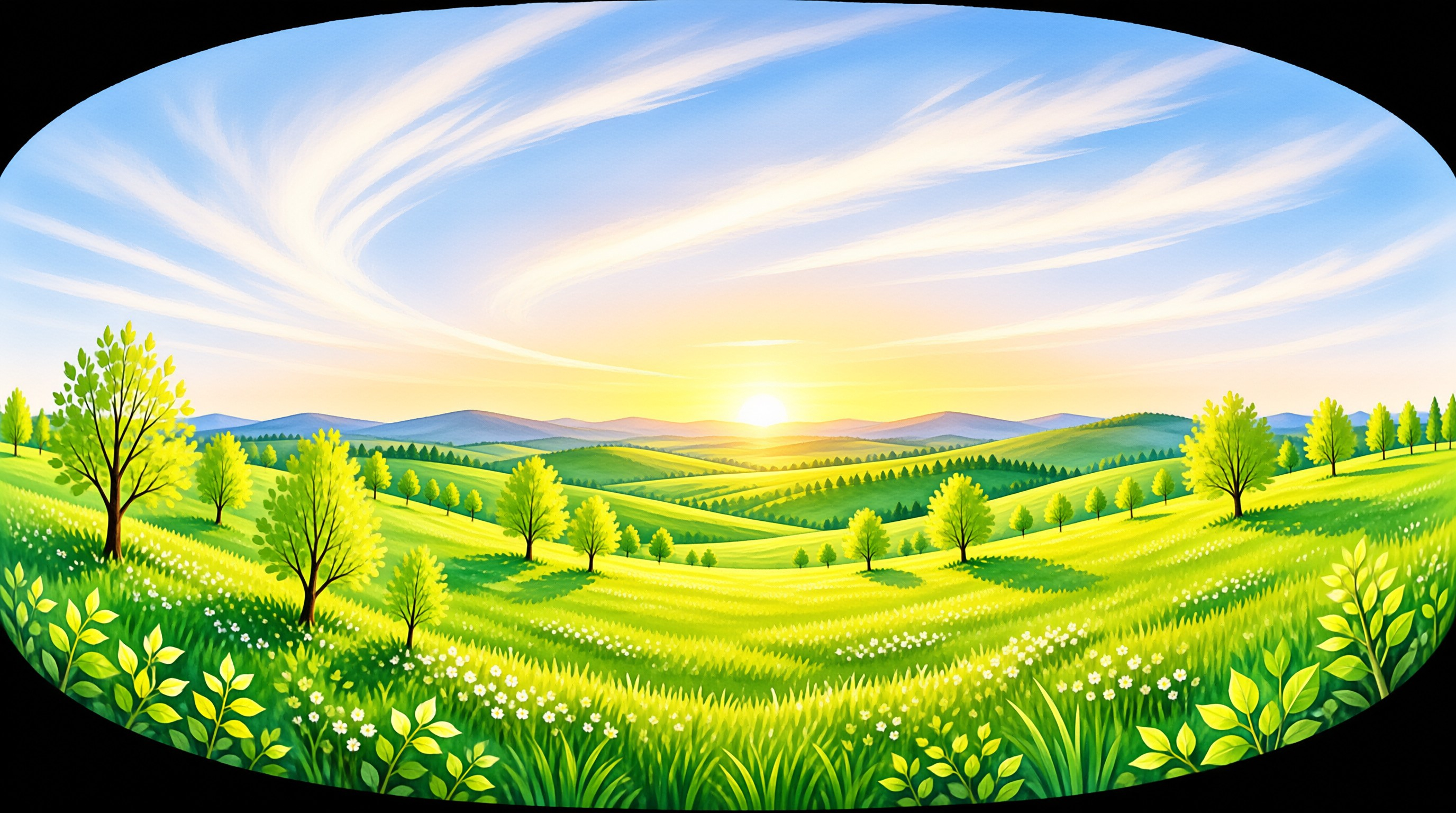 An illustrated landscape of bright green hills dotted with young trees beneath a swirling sunrise sky
