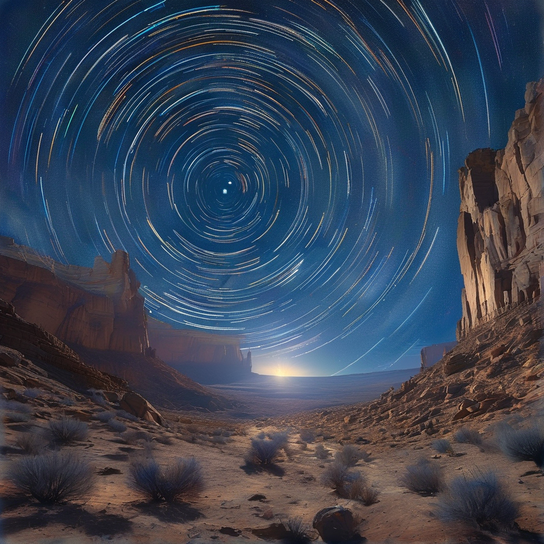 Circumpolar star trails spiral above rugged desert canyon under deep blue night sky with faint horizon illumination