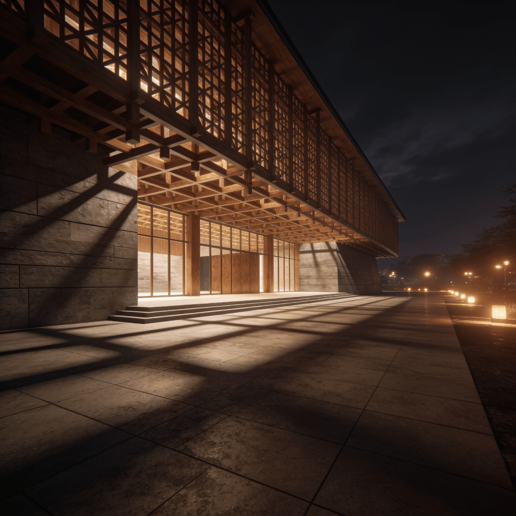 Cultural Center with Wooden Lattice — Night With Warm Lights