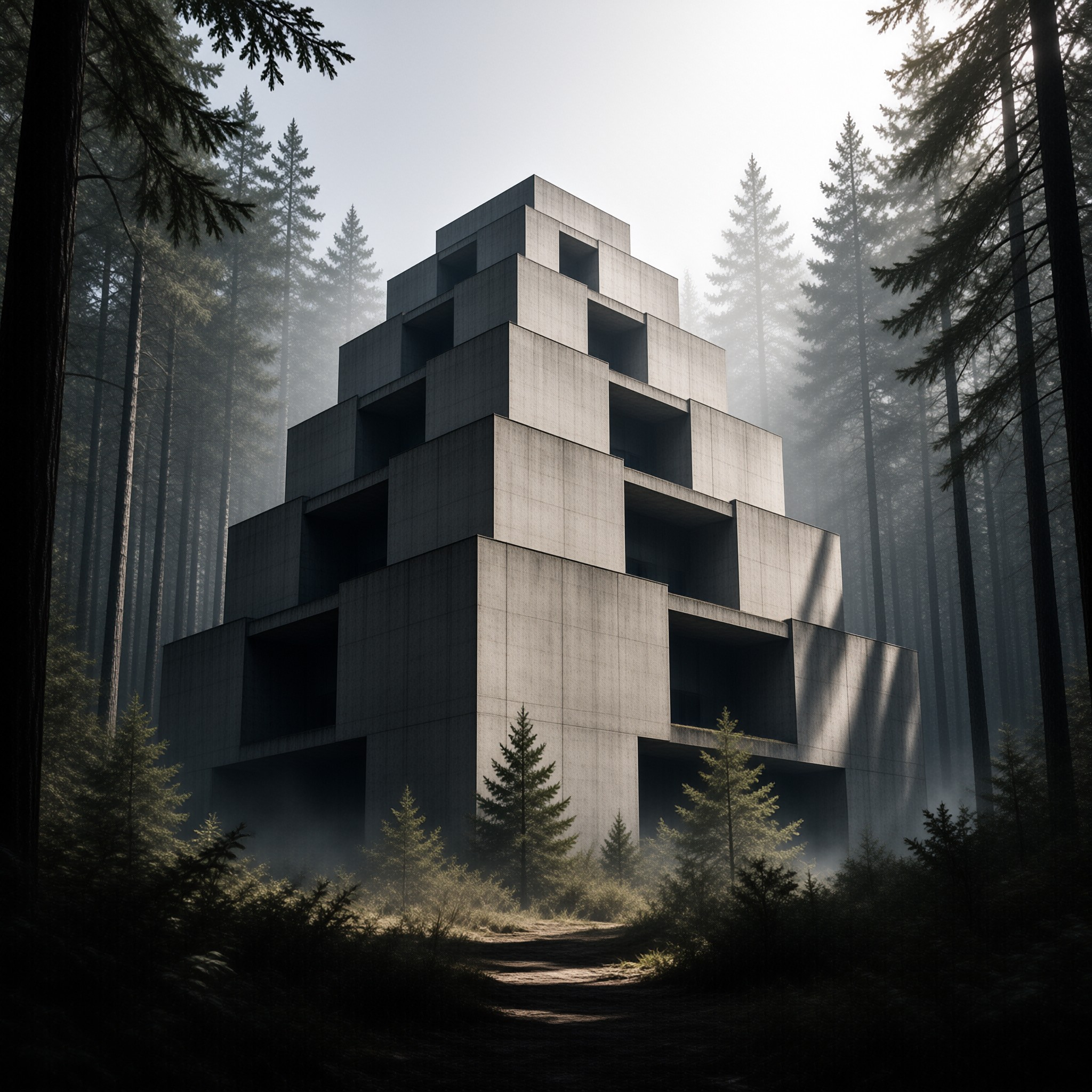 Concrete Ziggurat in Misty Forest