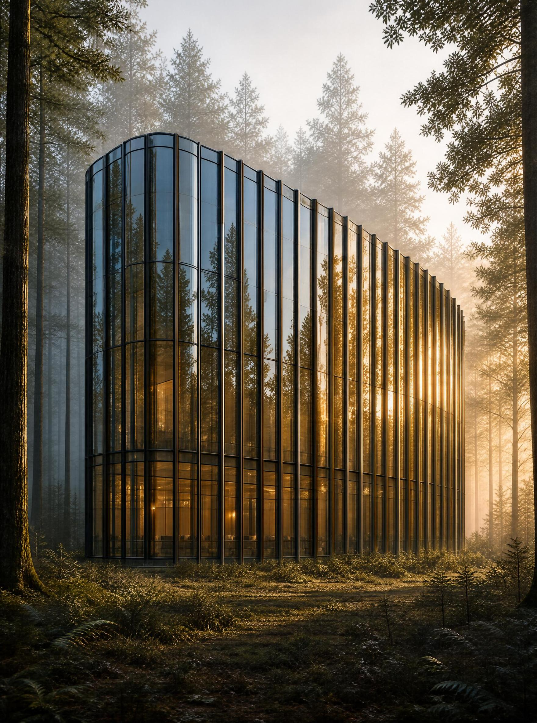 Glass Building in Misty Forest